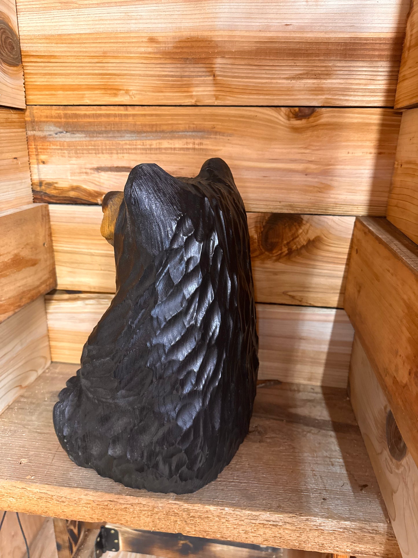 Handcrafted Wood Carved Sitting Bear - 15 Inches Tall, Looking Straight Ahead - Black