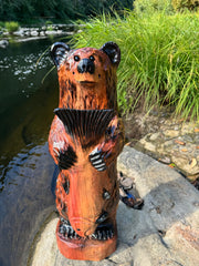 Wood Carved Bear with Fish 30" - Brown