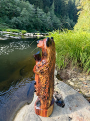 Wood Carved Bear with Fish 30" - Brown