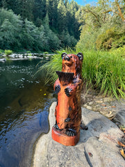 Wood Carved Bear with Fish 30" - Brown