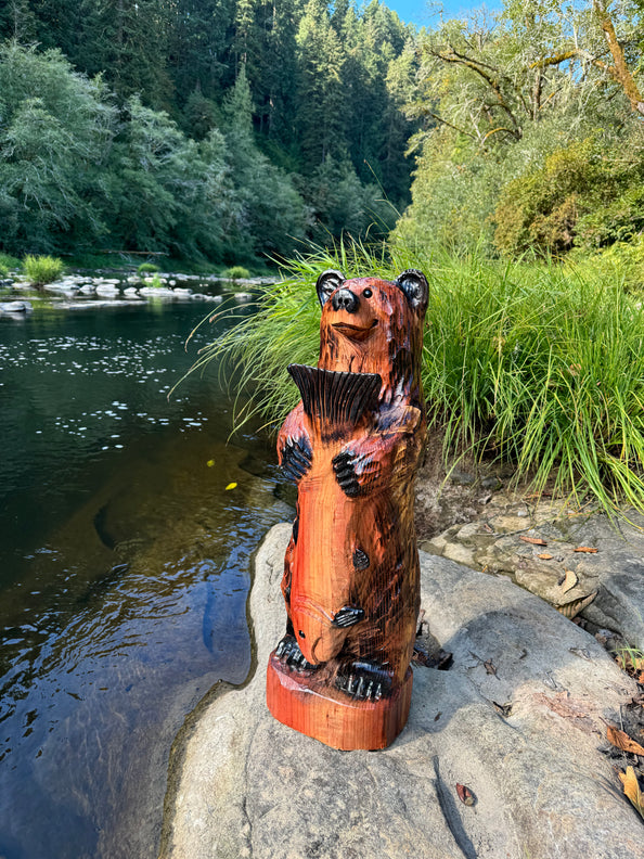 Wood Carved Bear with Fish 30" - Brown