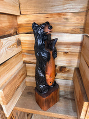 Handcrafted Wooden Bear with Fish 28" - Black