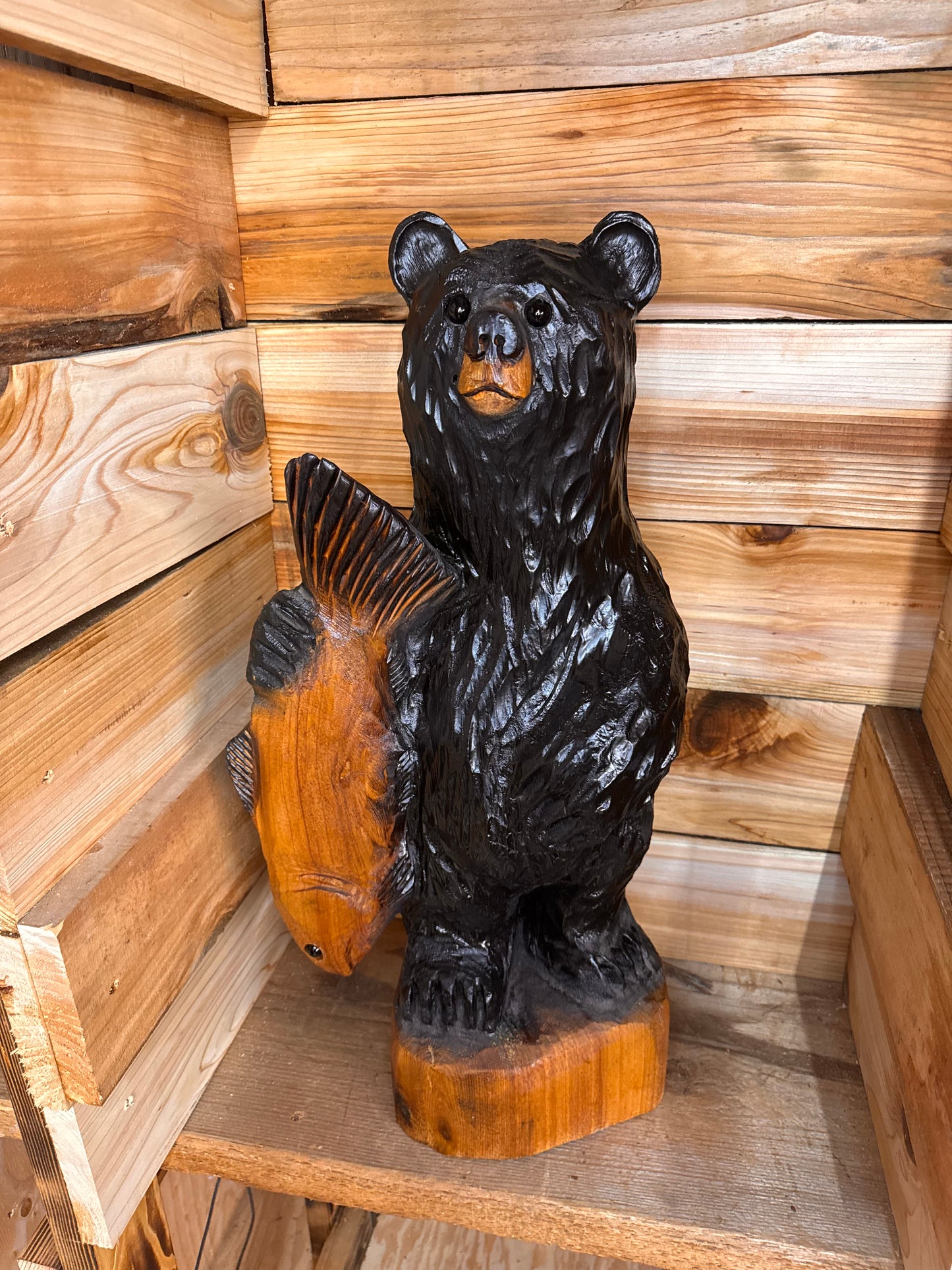 Wood Carved Bear with Fish - 24" - Black