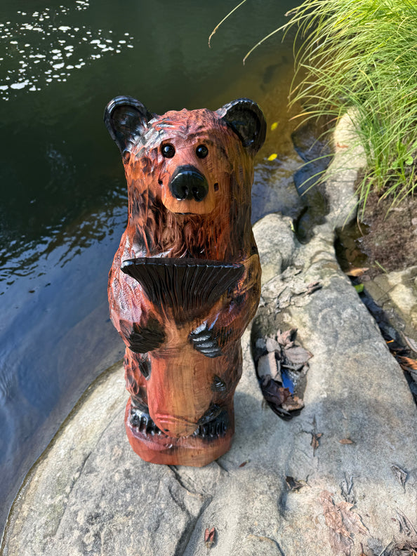 Wood Carved Bear with Fish 30" - Brown