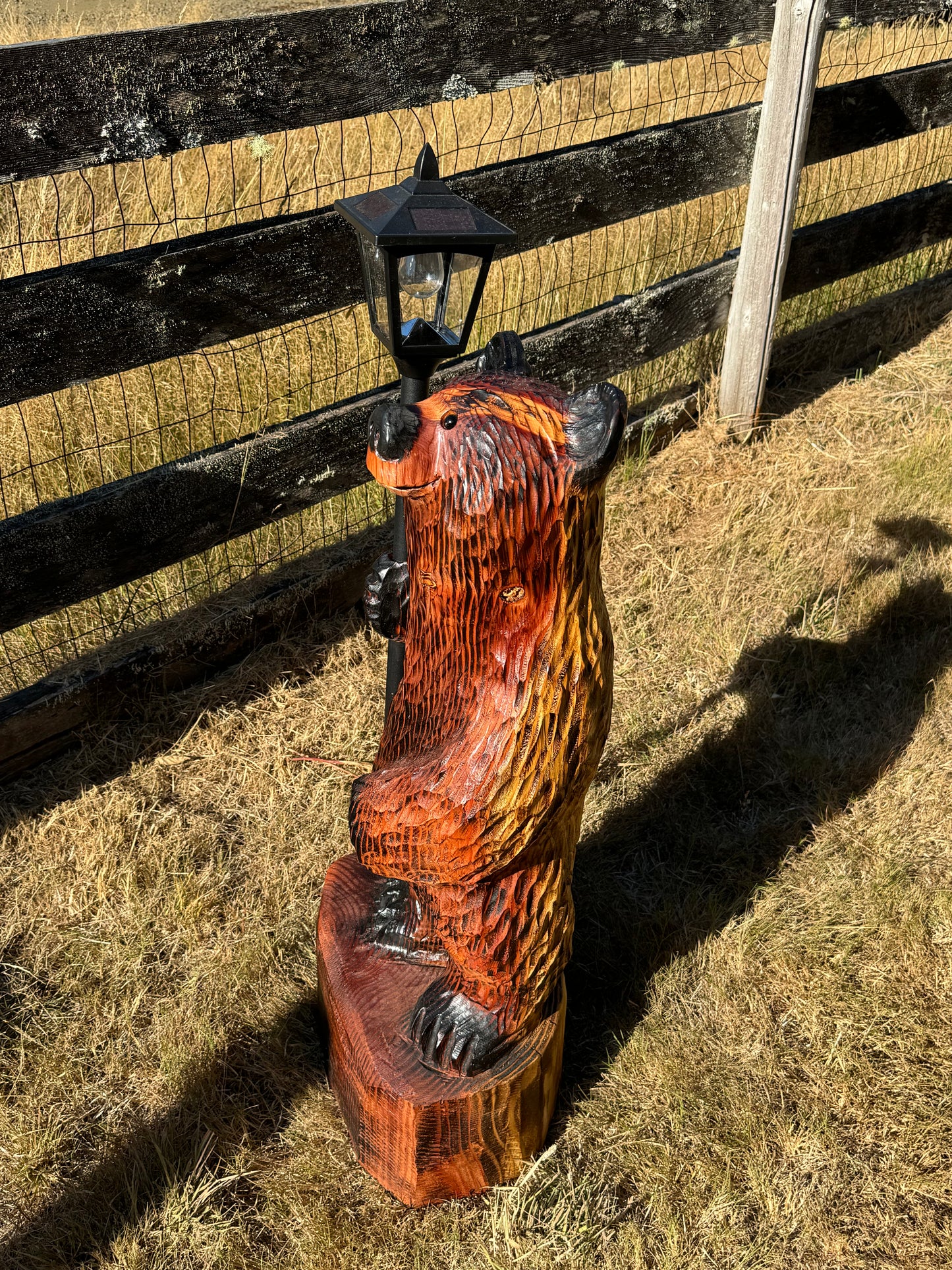 Chainsaw Carved Redwood Bear with Solar Lantern – 40”