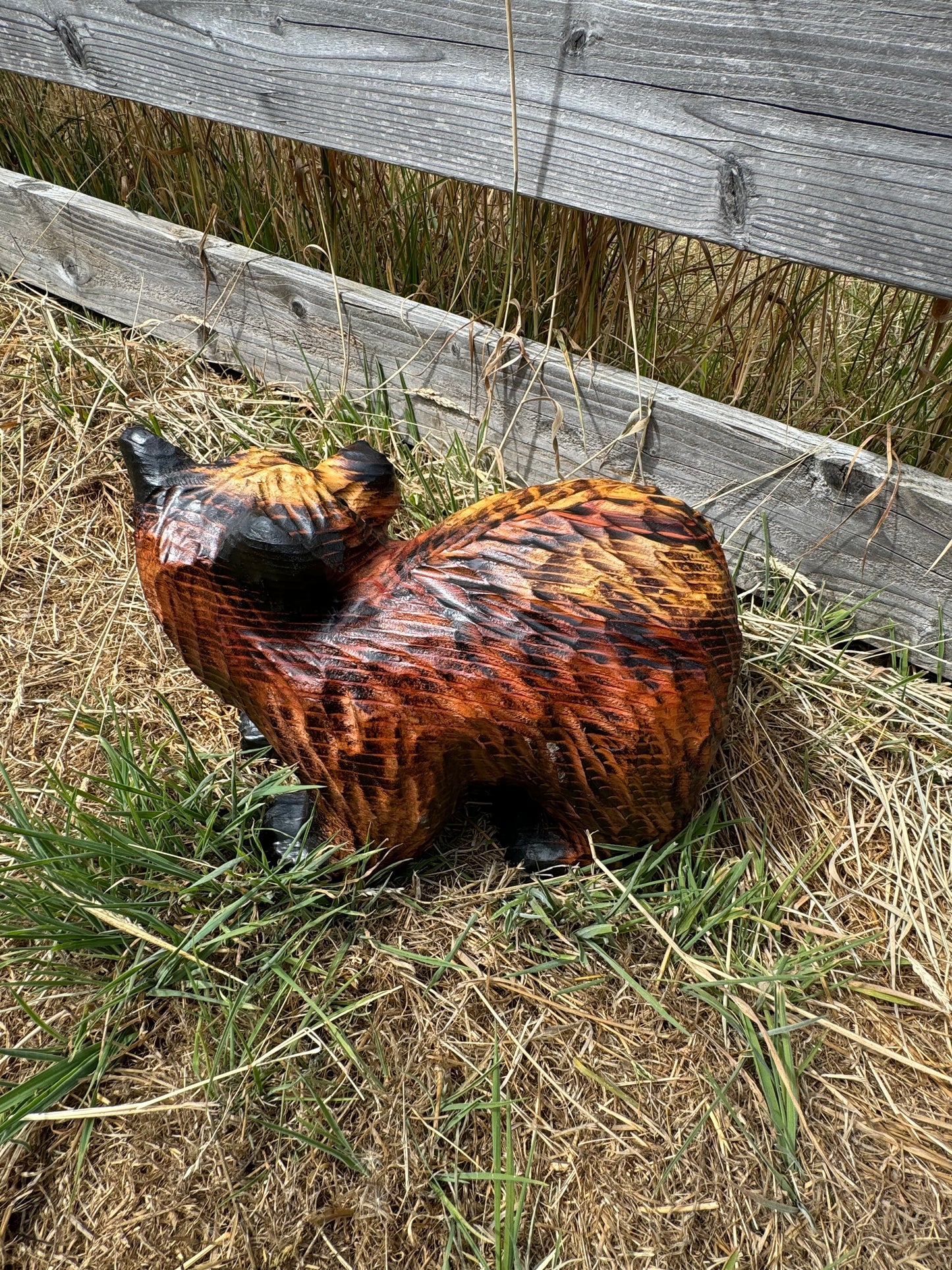 Chainsaw Carved Playful Brown Bear on All Fours – 15” Redwood