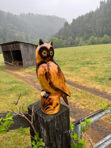 Handcrafted Wood Carving of Owl Perched on Stump - 15 Inches, with Piercing Eyes