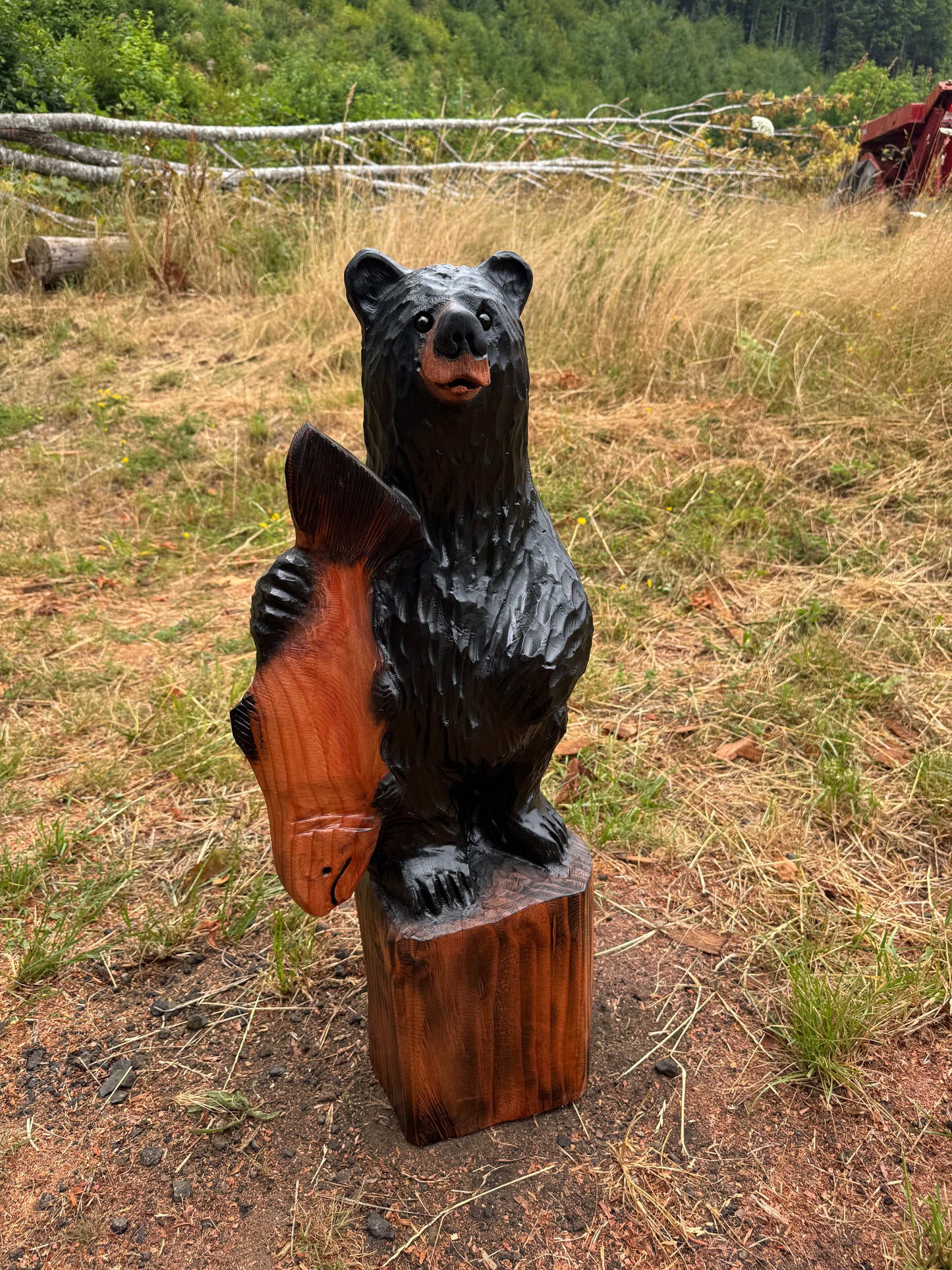 Wood Carved Black Bear with Fish - Redwood - 33 inches