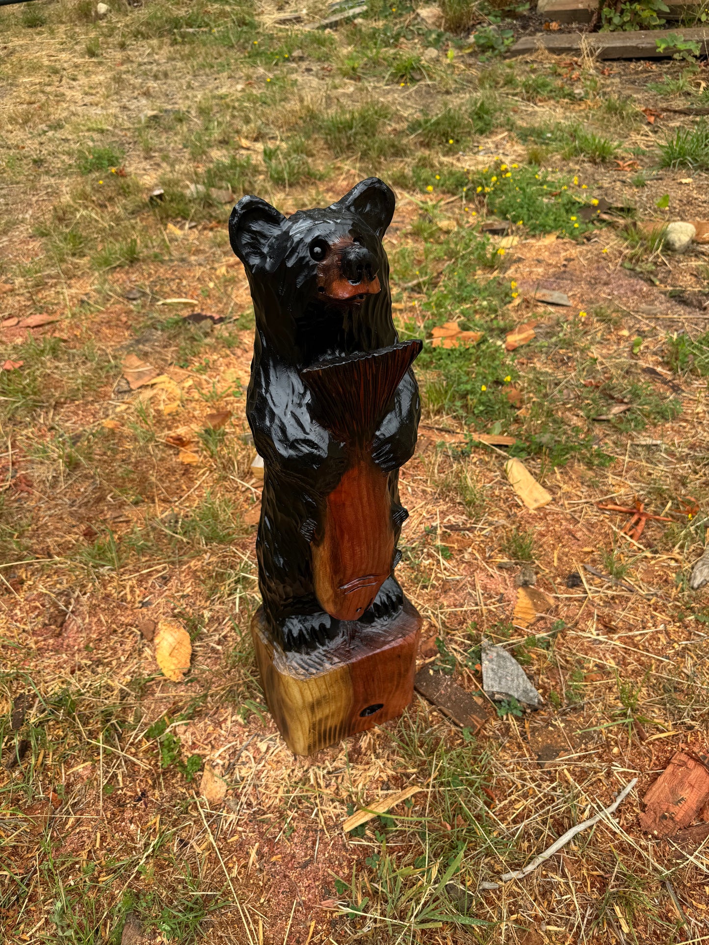 30-Inch Redwood Chainsaw Carved Bear with Fish