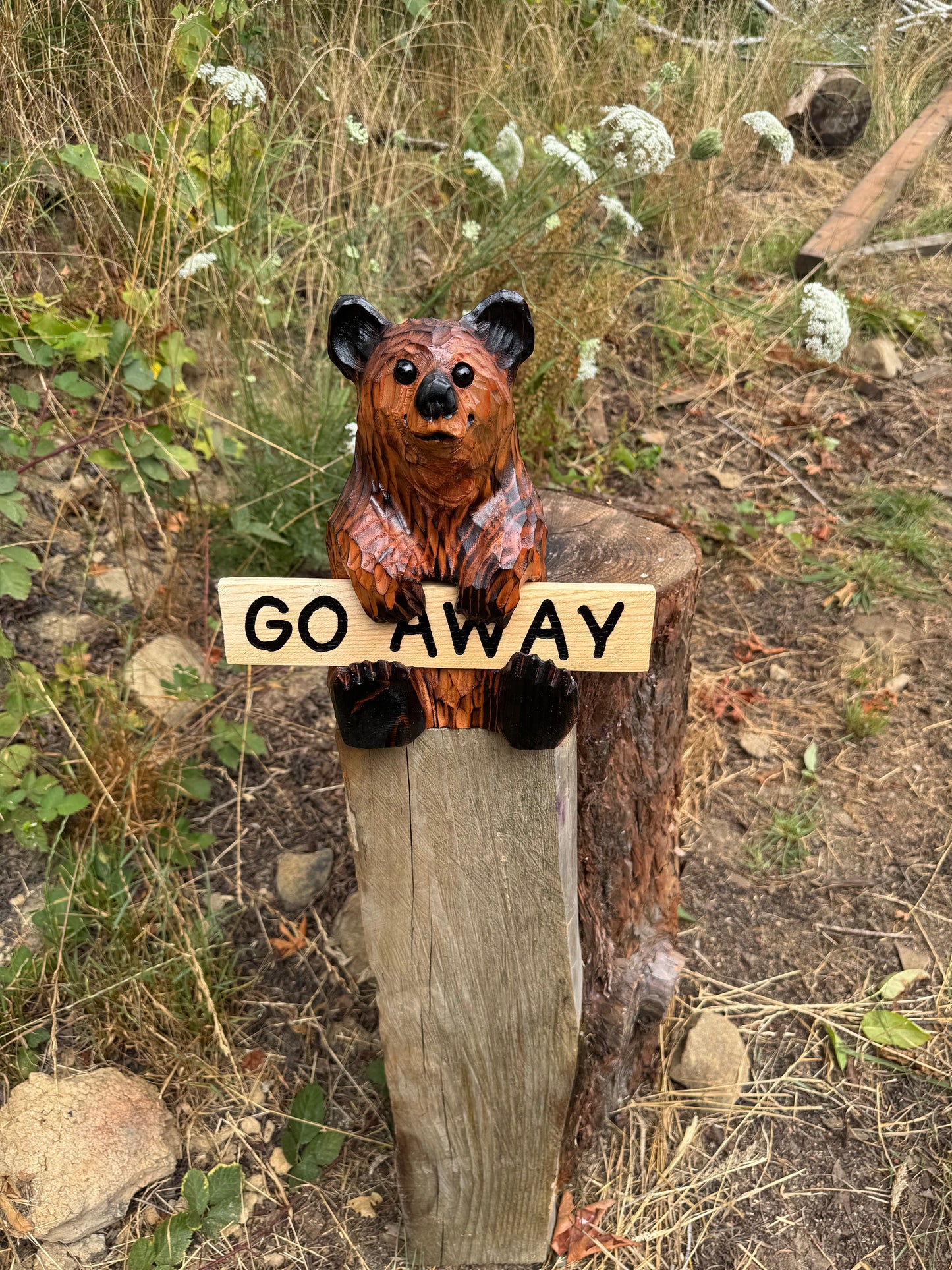 Wood Carved Bear Holding Welcome, Reversible Sign 11''- Customizable