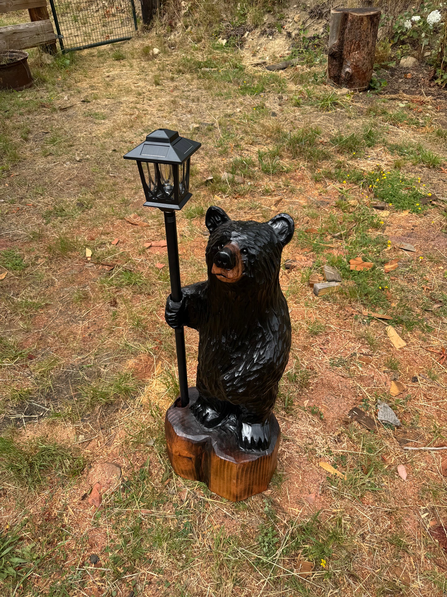 Chainsaw Carved Black Redwood Bear with Solar Lantern – 40 Inches