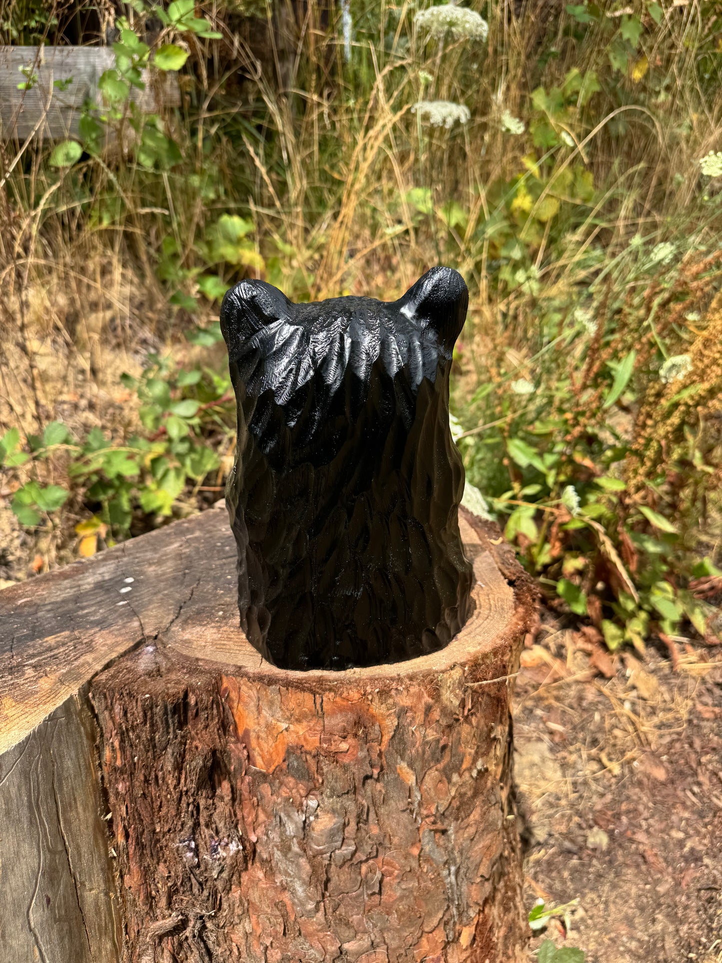 Chainsaw Carved Wooden Sitting Black Bear – 10 Inches