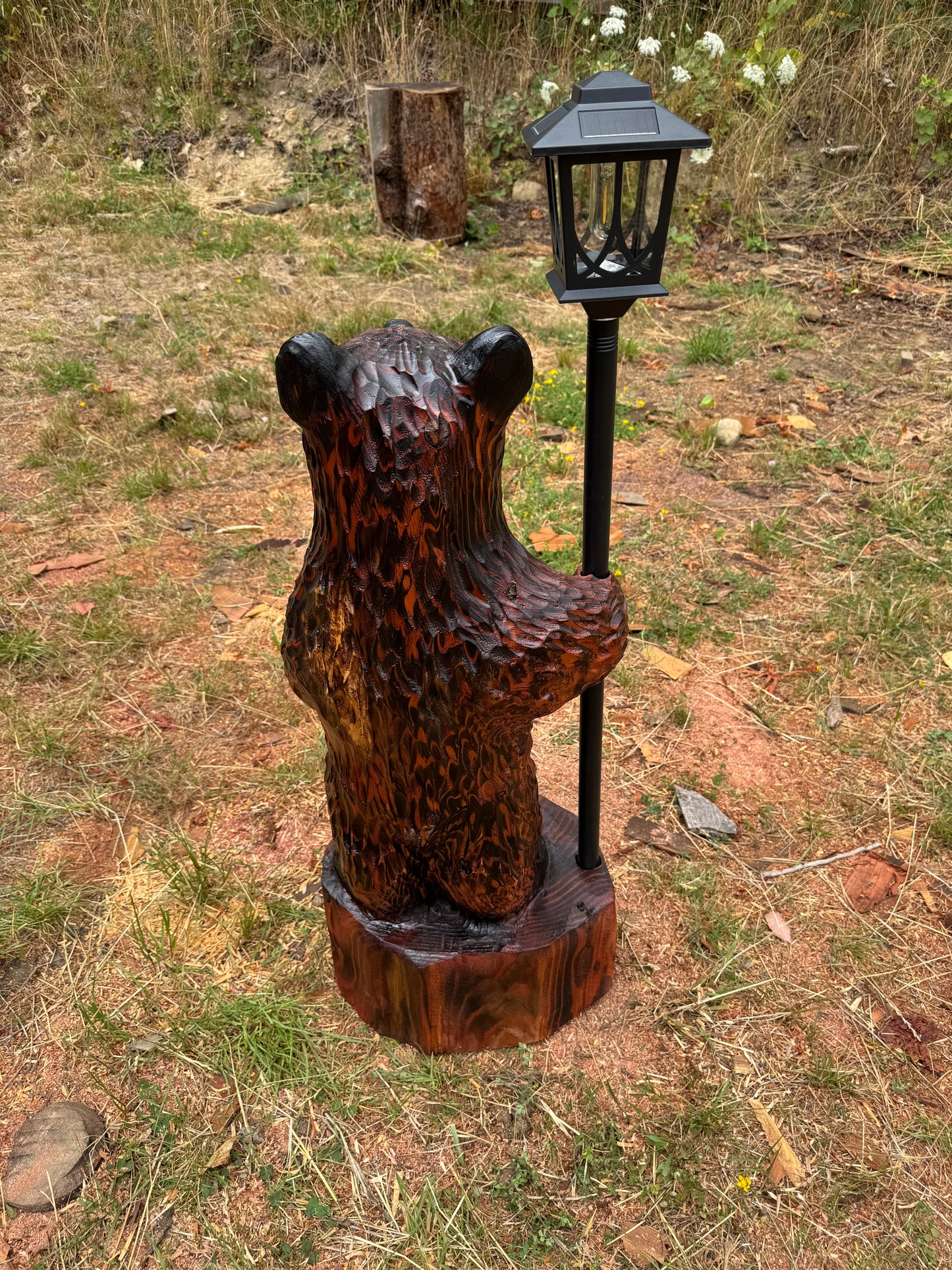 Chainsaw Carved Redwood Bear with Solar Lantern – 38 Inches Brown