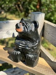 Wood Carved Sitting Bear 12" - Black