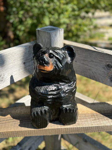 Wood Carved Sitting Bear 12" - Black