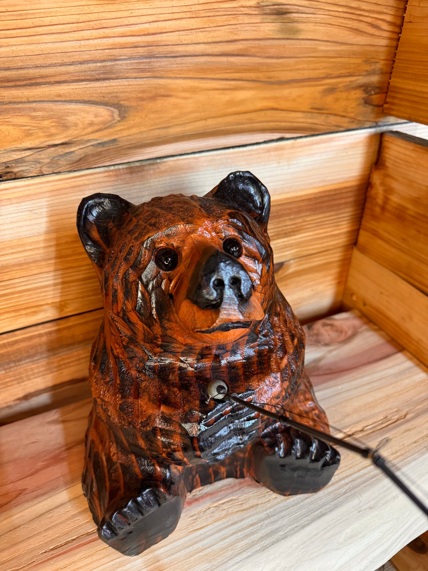Wood Carved Bear with Fishing pole - 10" - Brown