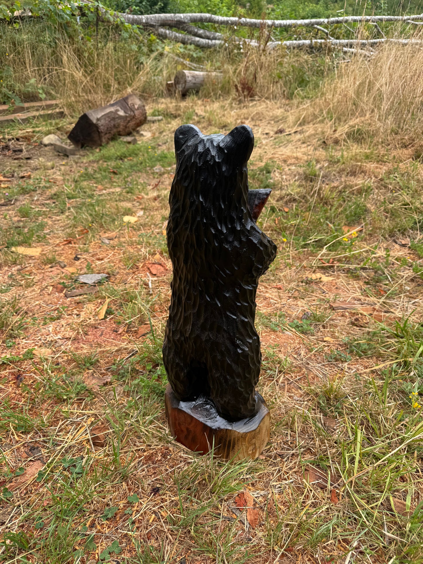 25-Inch Redwood Carved Bear with Fish