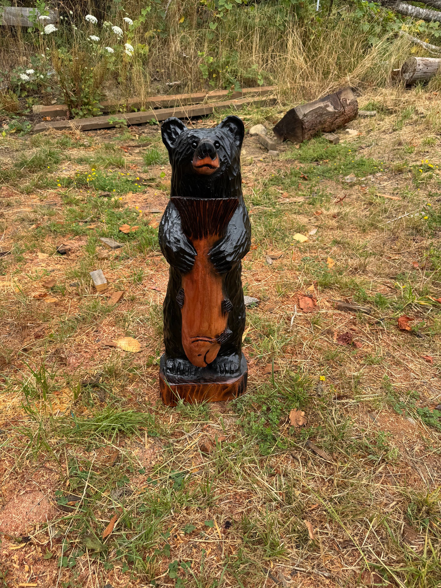 Carved Bear with Fish - 36 inches