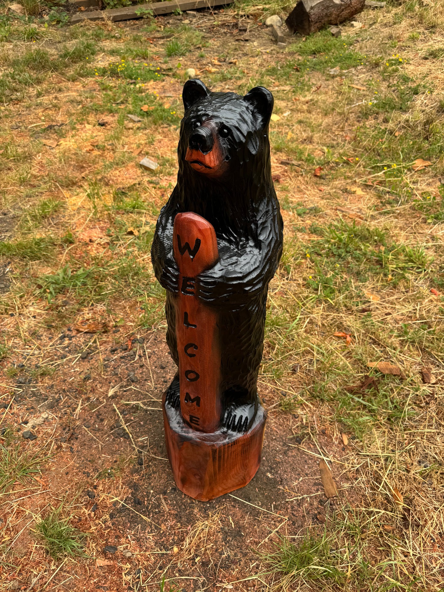 Hand-Carved Standing Bear with Welcome Sign – 39 inches