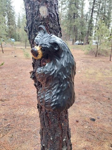Wood Carved Climbing Bear for Posts, Poles, Trees, and More - 15 Inches, Easy to Mount and Display - Black