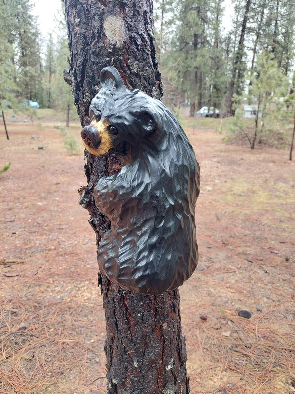 Wood Carved Climbing Bear for Posts, Poles, Trees, and More - 15 Inches, Easy to Mount and Display - Black