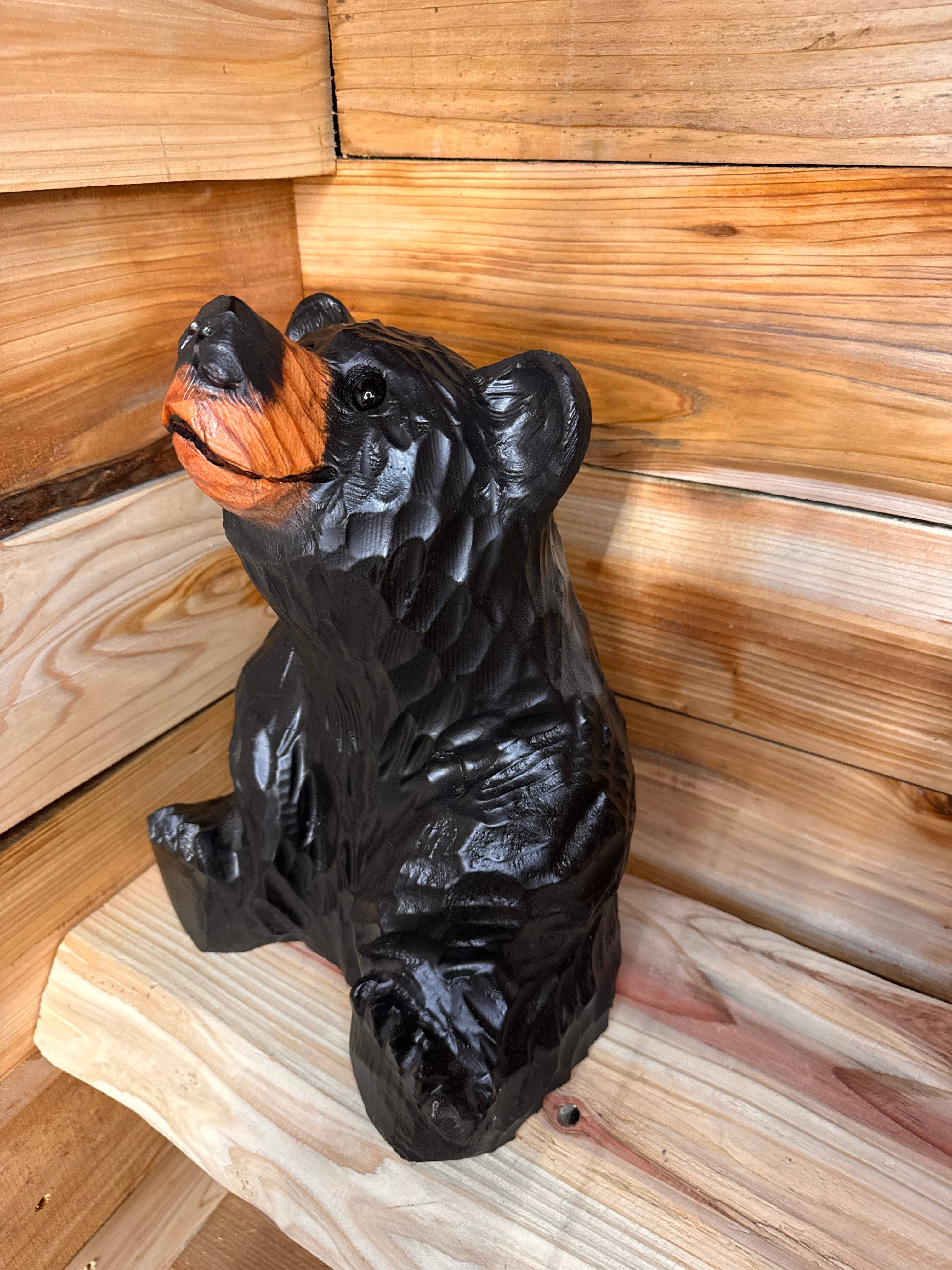 Chainsaw Carved Sitting Black Bear Looking Up – 15" Giant Sequoia Redwood