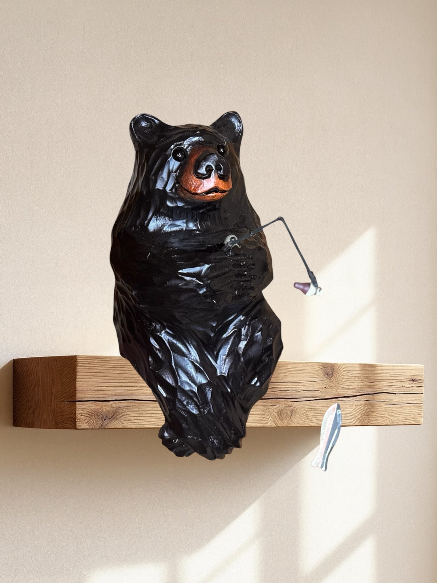 Wood Carved Bear with Fishing pole - 15" - Black