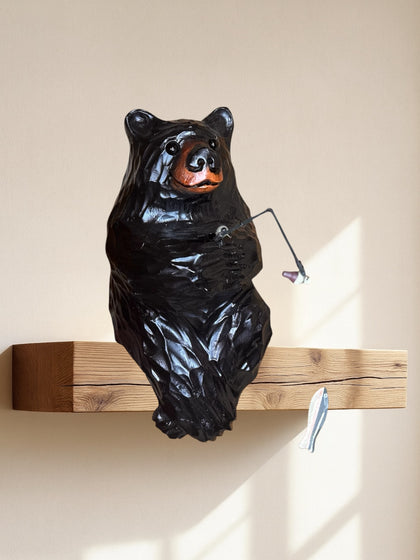 Wood Carved Bear with Fishing pole - 15