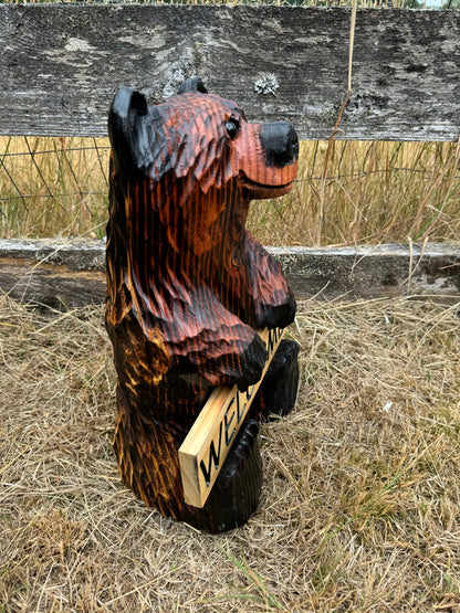 Wood Carved Bear Holding Welcome/Go Away Sign - Customizable, 15 Inches Tall - Brown