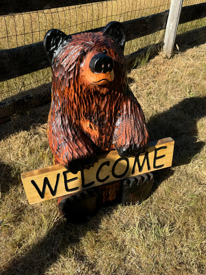 Handcrafted 30" Bear with Reversible Welcome Sign - Customizable