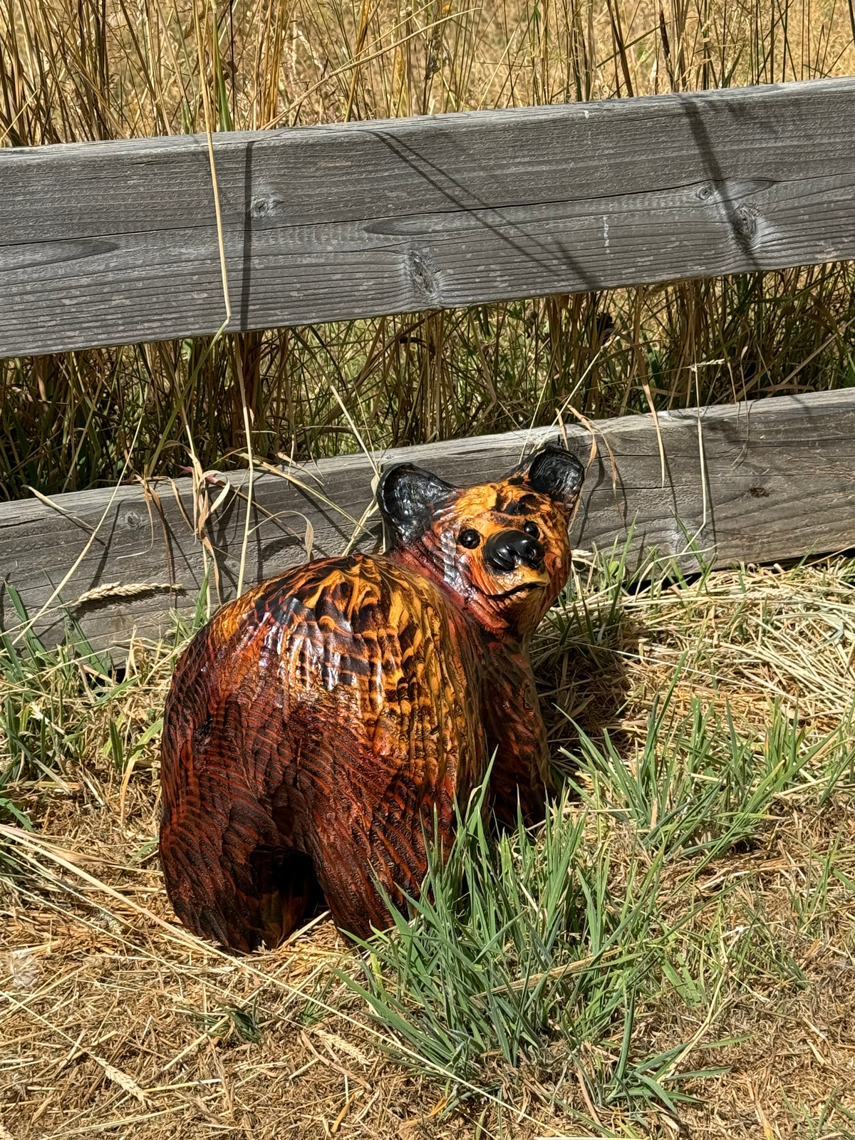 Chainsaw Carved Playful Brown Bear on All Fours – 15” Redwood