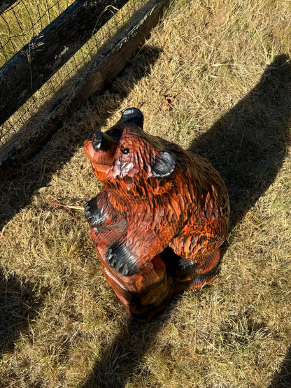 32" Chainsaw Carved Bear on Rock Base Sculpture