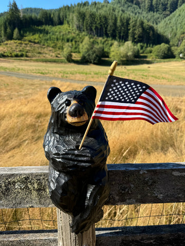 black bear fishing pole Wood Carved Bear with Fishing pole - 15"