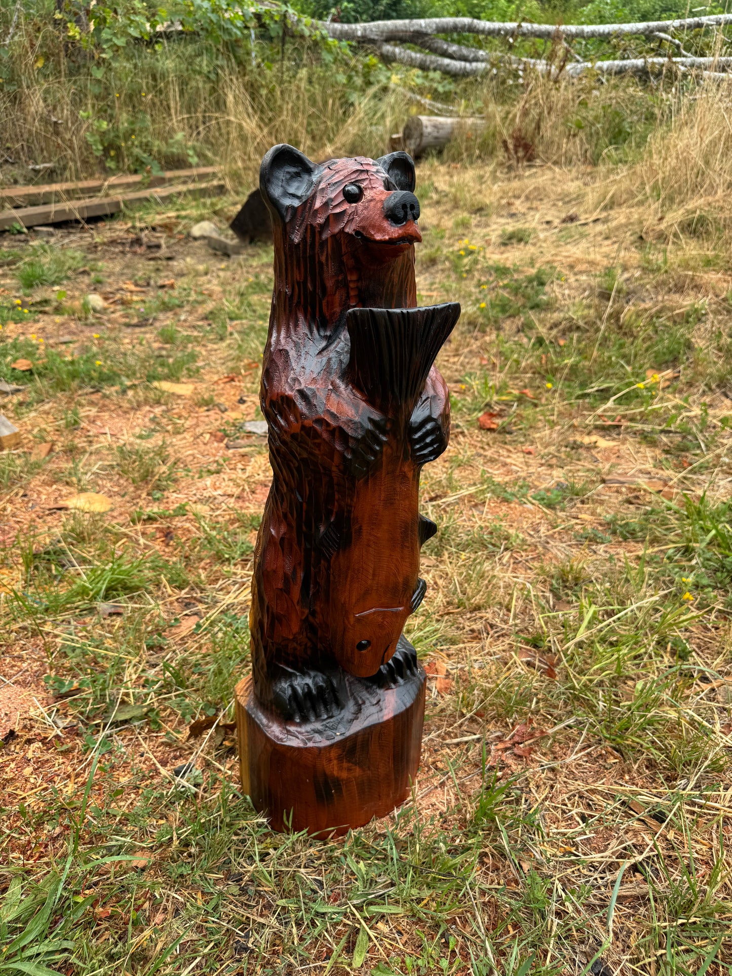 28-Inch Redwood Chainsaw Carved Fishing Bear