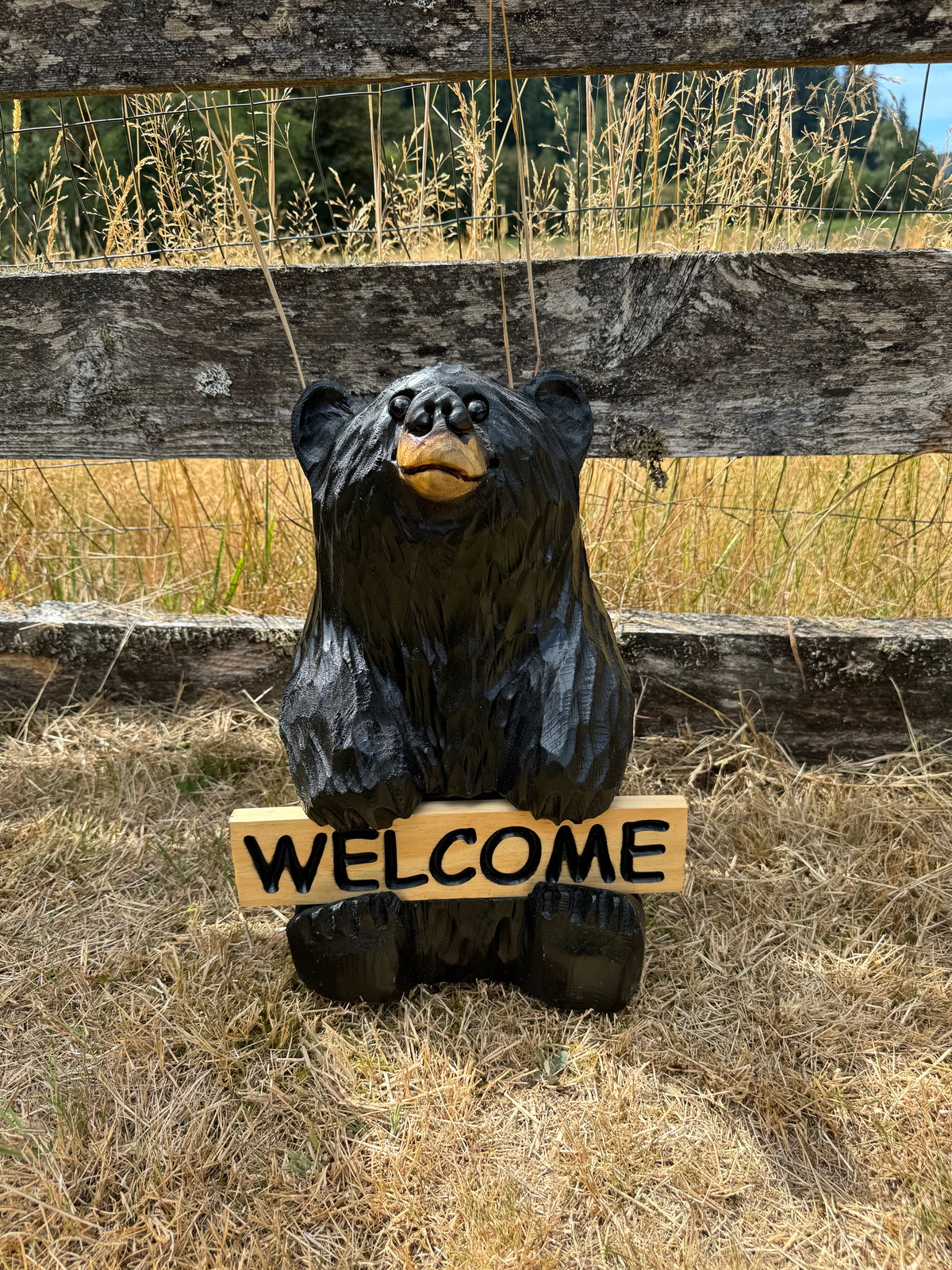 16” Wood Carved Sign Bear Looking Up - Reversible Welcome / Go Away Sign - Multiple Sign Options - Custom Signs