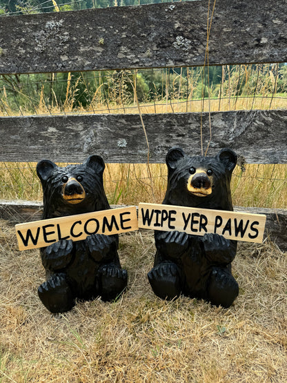 Wood Carved Bear Holding Sign 15" - Customizable - Black