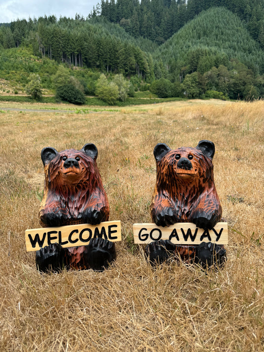 Wood Carved Bear Holding Reversible Welcome Sign - Customizable, 15 Inches Tall - Brown