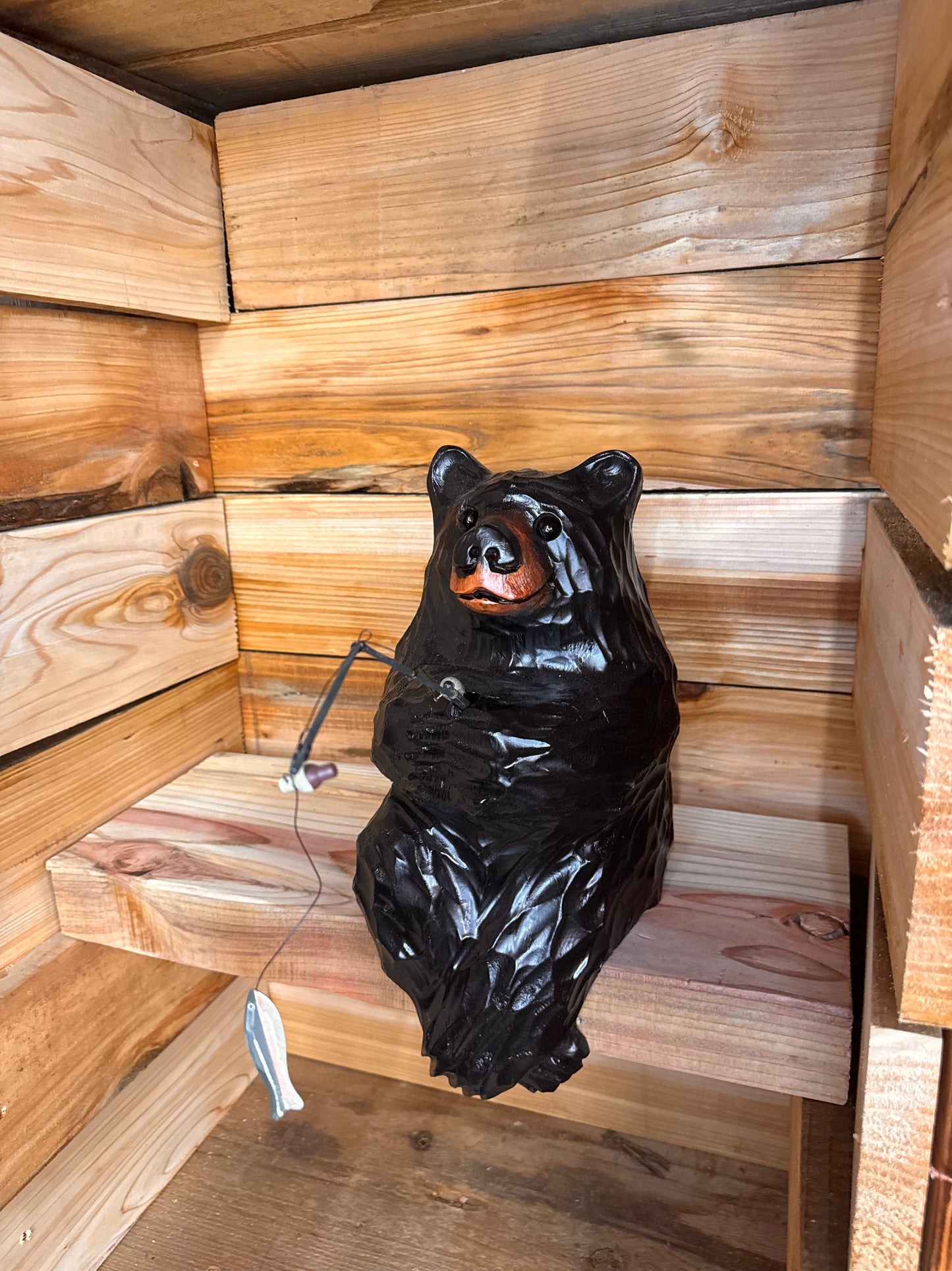 Wood Carved Bear with Fishing pole - 15" - Black