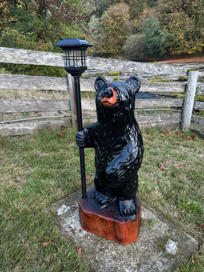 40" Wood Carved Bear with Lantern - Black