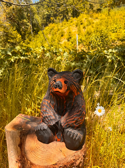 Handcrafted Wood Carved Sitting Bear - 15 Inches Tall, Looking Straight Ahead - Brown