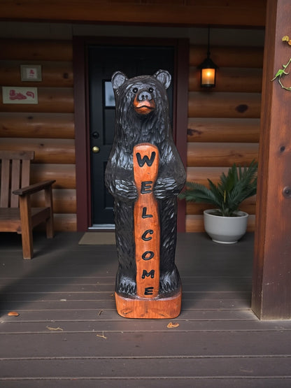 Hand-Carved Wood Bear Black with Welcome Sign - 48 Inches, Perfect for Entryways