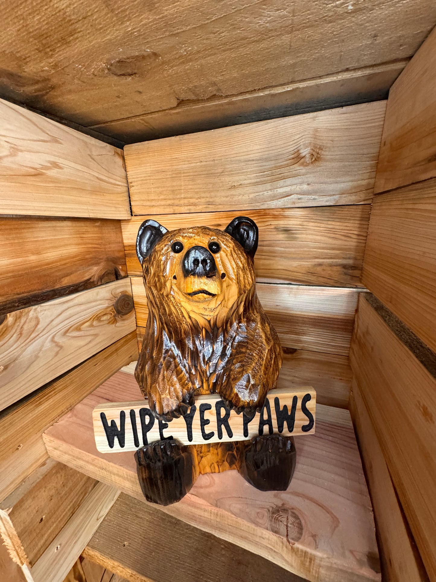 Wood Carved Bear Holding Welcome/Go Away Sign - Customizable, 15 Inches Tall - Brown