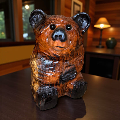 Wood Carved Sitting Bear 12" - Brown