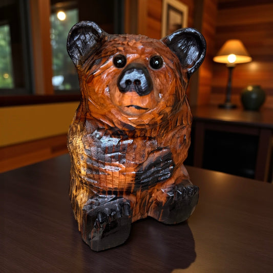 Wood Carved Sitting Bear 12" - Brown