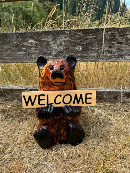 Wood Carved Bear Holding Sign 15" - Customizable - Brown