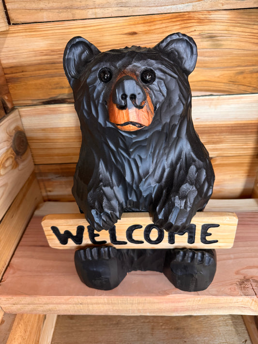 Wood Carved Bear Holding Welcome/Go Away Sign - Customizable, 15 Inches Tall - Black
