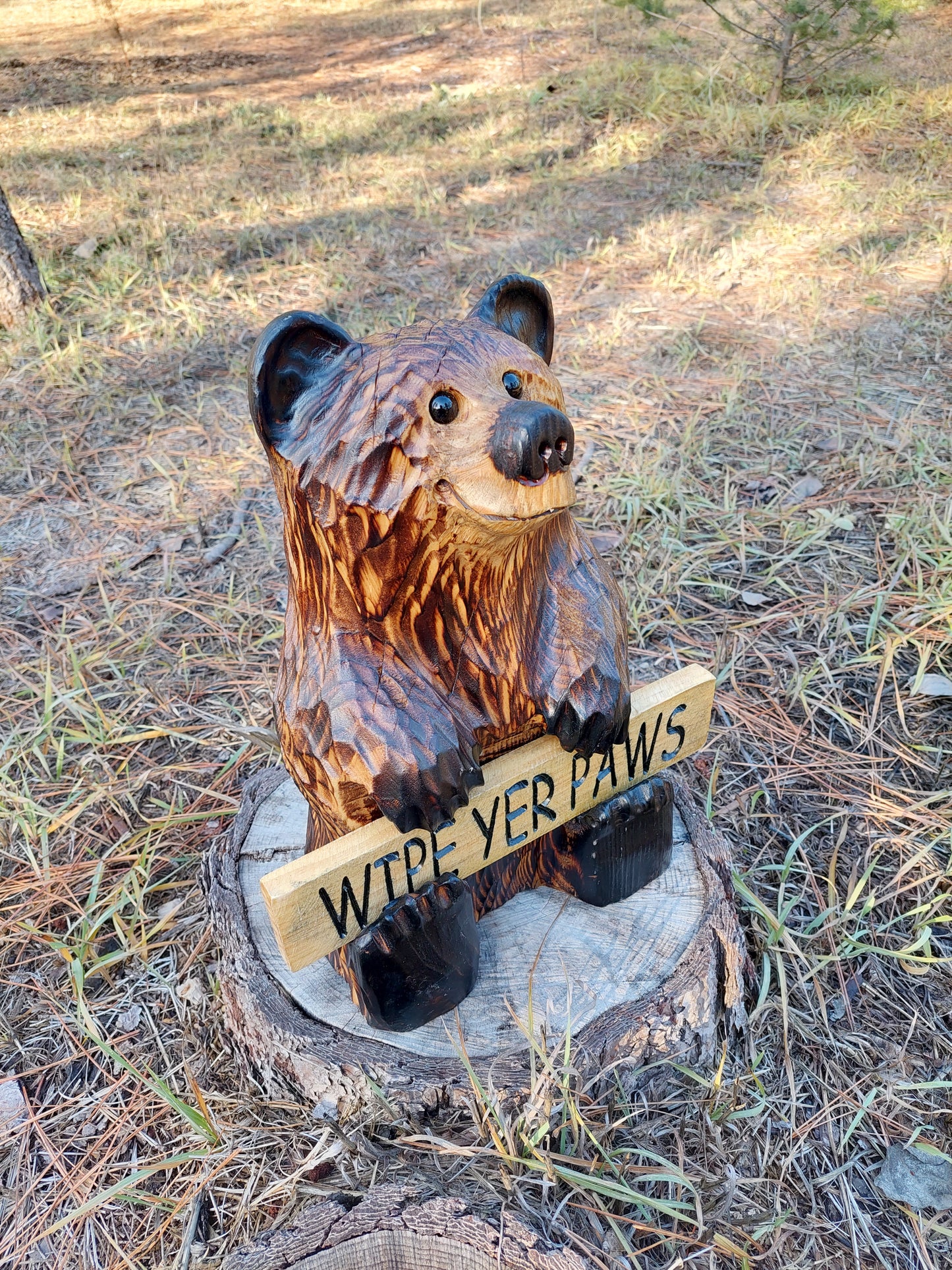 Wood Carved Bear Holding Welcome/Go Away Sign - Customizable, 15 Inches Tall