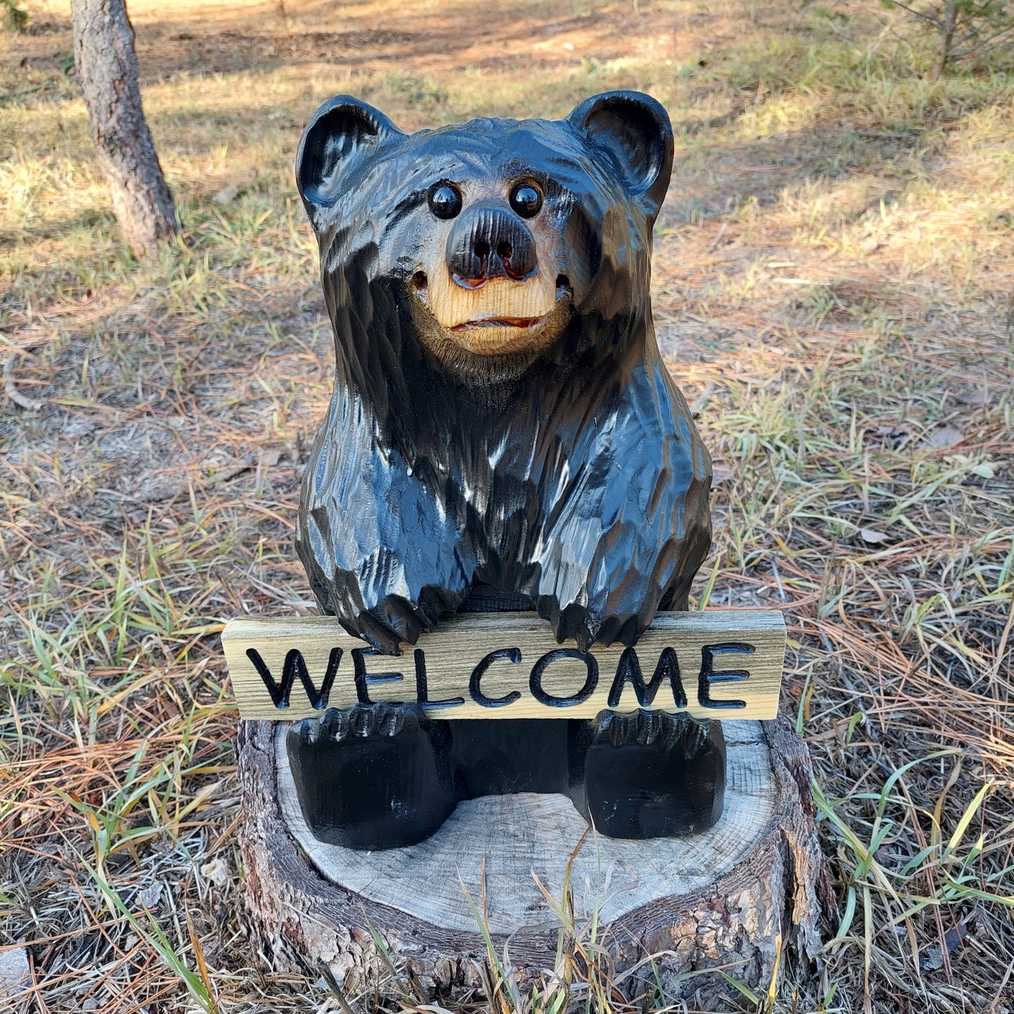 Wood Carved Bear Holding Welcome/Go Away Sign - Customizable, 15 Inches Tall