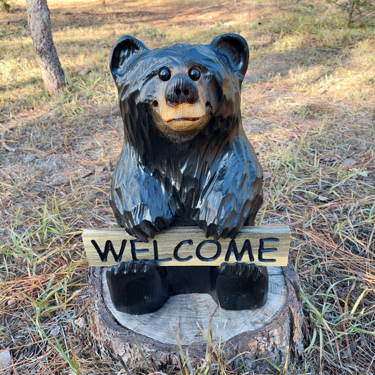 Wood Carved Bear Holding Welcome/Go Away Sign - Customizable, 15 Inches Tall - Black