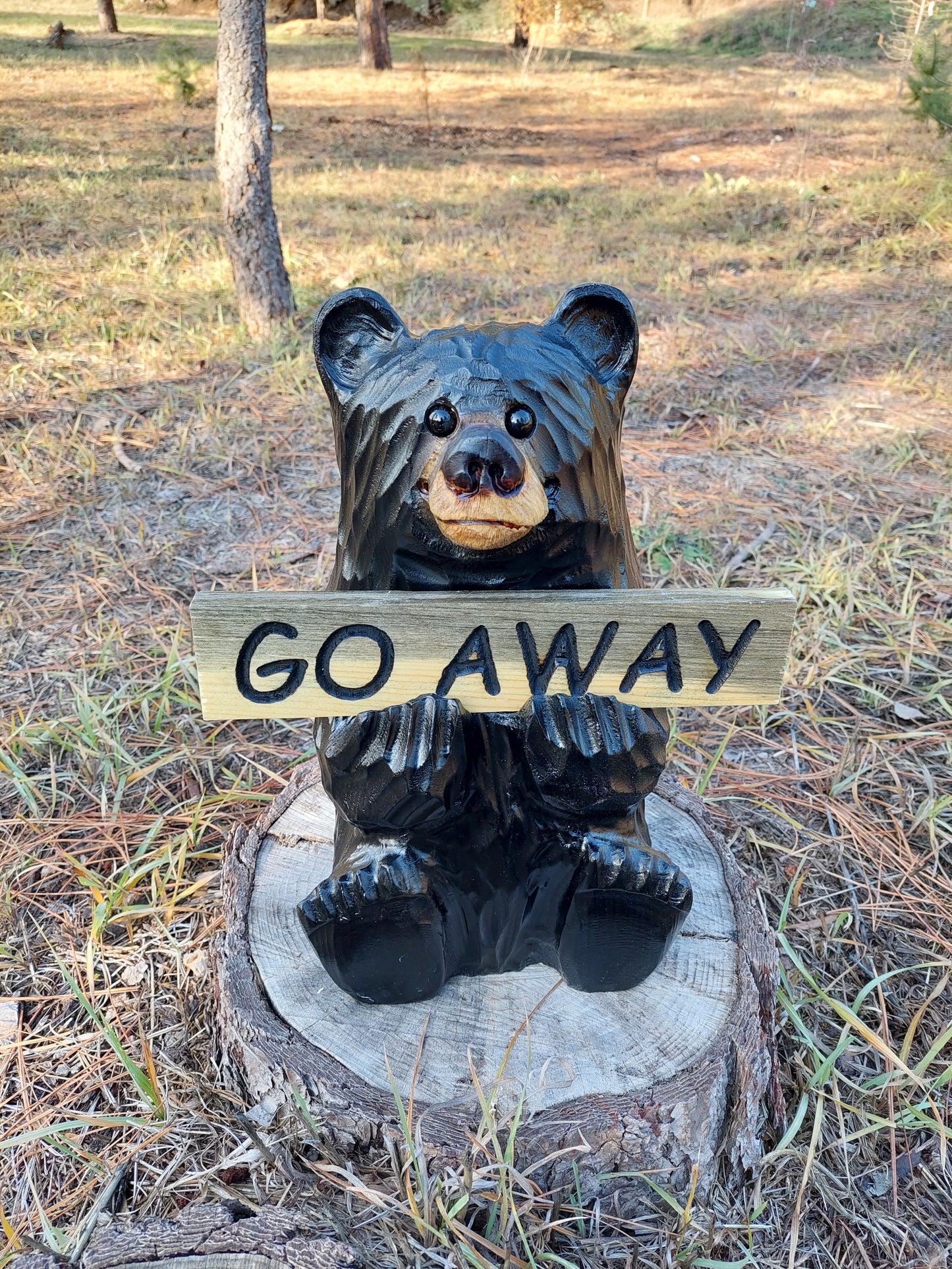Wood Carved Bear Holding Sign 15" - Customizable